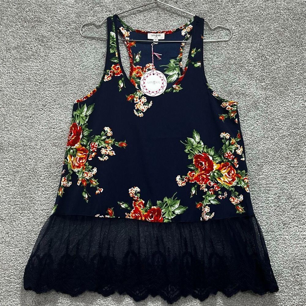 Umgee USA Women's Navy Blue Polyester Sleeveless Floral Lace Blouse Tops Size S